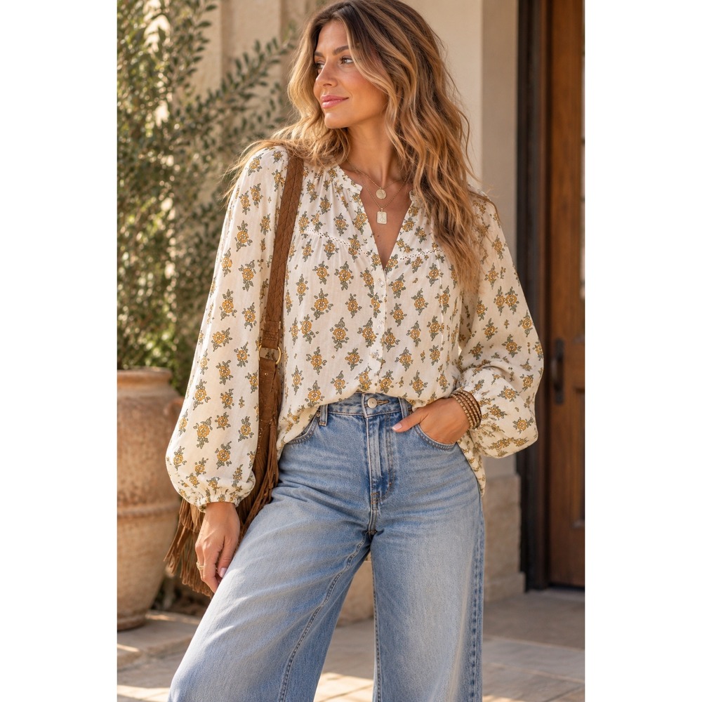 Lucky Brand Women White Yellow Floral Cotton  Button Down Blouse Size M